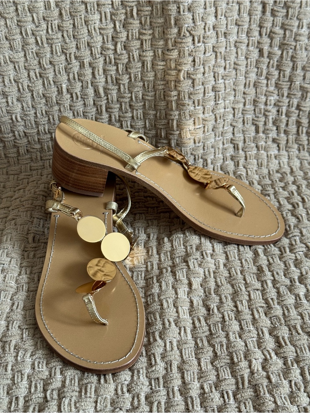 Tory Burch Gold Metallic Disc T-Strap Low Block Heel Sandals